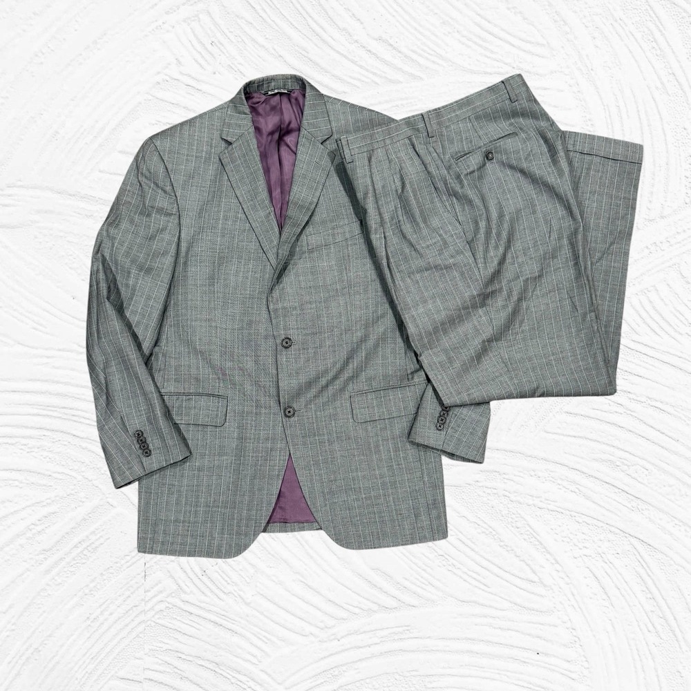 Jack Victor Suit 42L 35x30.5 Graham CT Vitale Barberis 110's Wool Pinstripe Grey